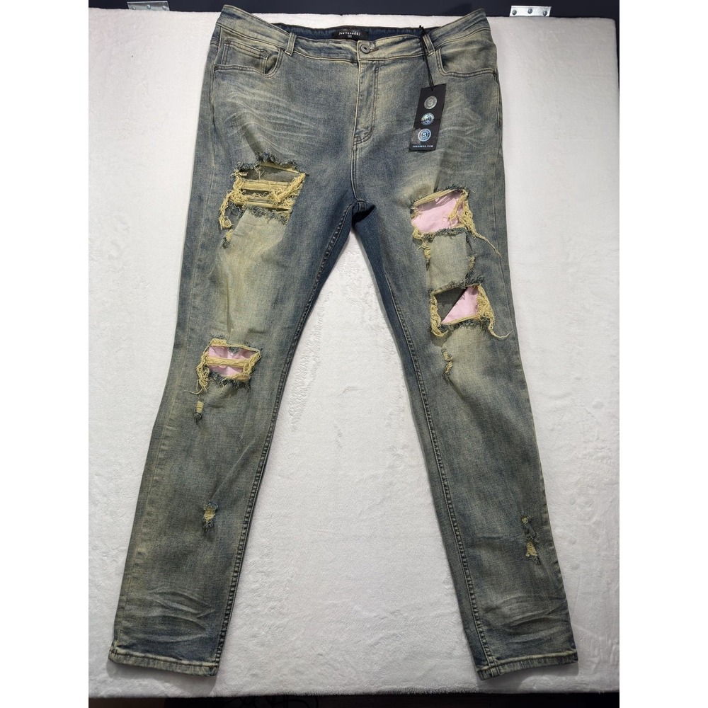 Serenede Jeans Mens 44x31 Blue Denim Slim Skinny Distressed Fringe Light Wash